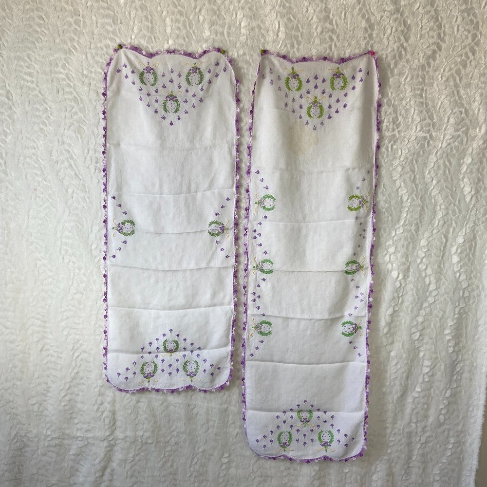 Vintage set 2 Linen Handmade embroidery Floral Crocheted Bordered edges Runners - Picture 2 of 10